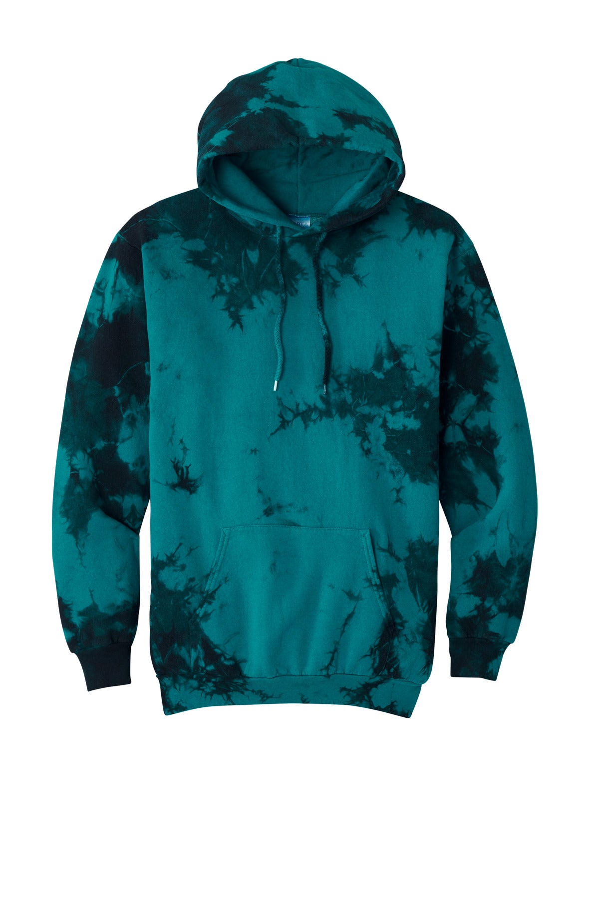 Front View of Black/Teal Port & Co Crystal Tie-Dye Pullover Hoodie PC144 plain