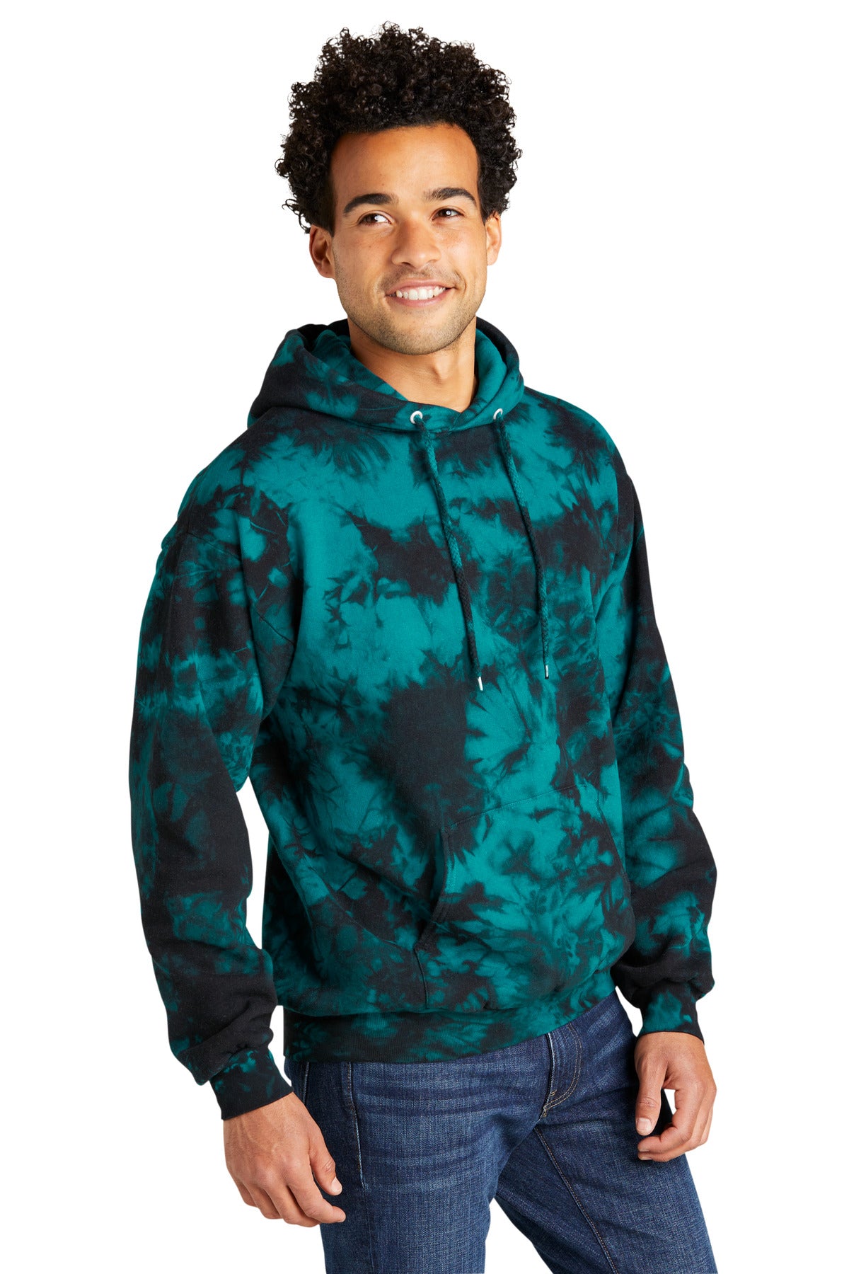 Front View of Black/Teal Port & Co Crystal Tie-Dye Pullover Hoodie PC144 plain