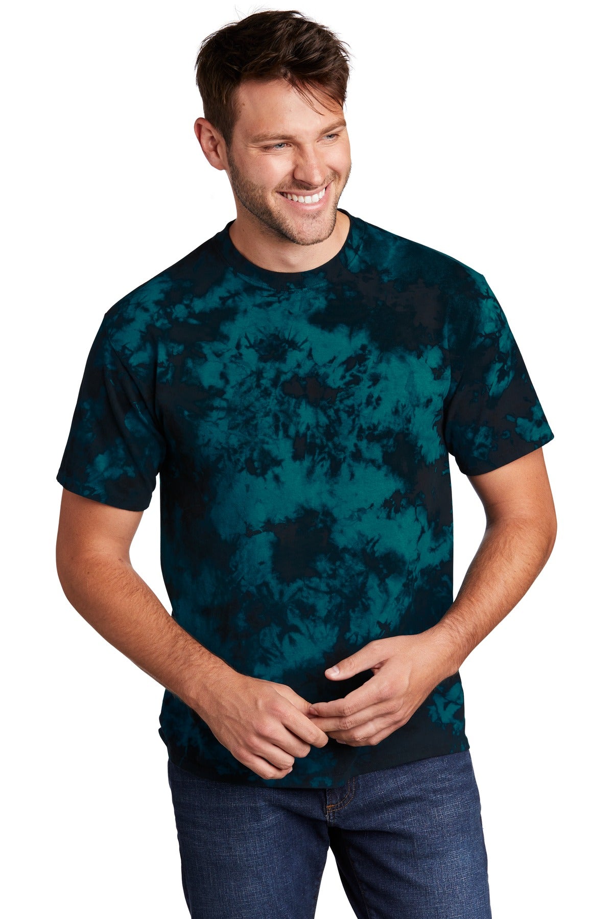 Front View of Black/Teal Port & Co Crystal Tie-Dye Tee PC145 plain