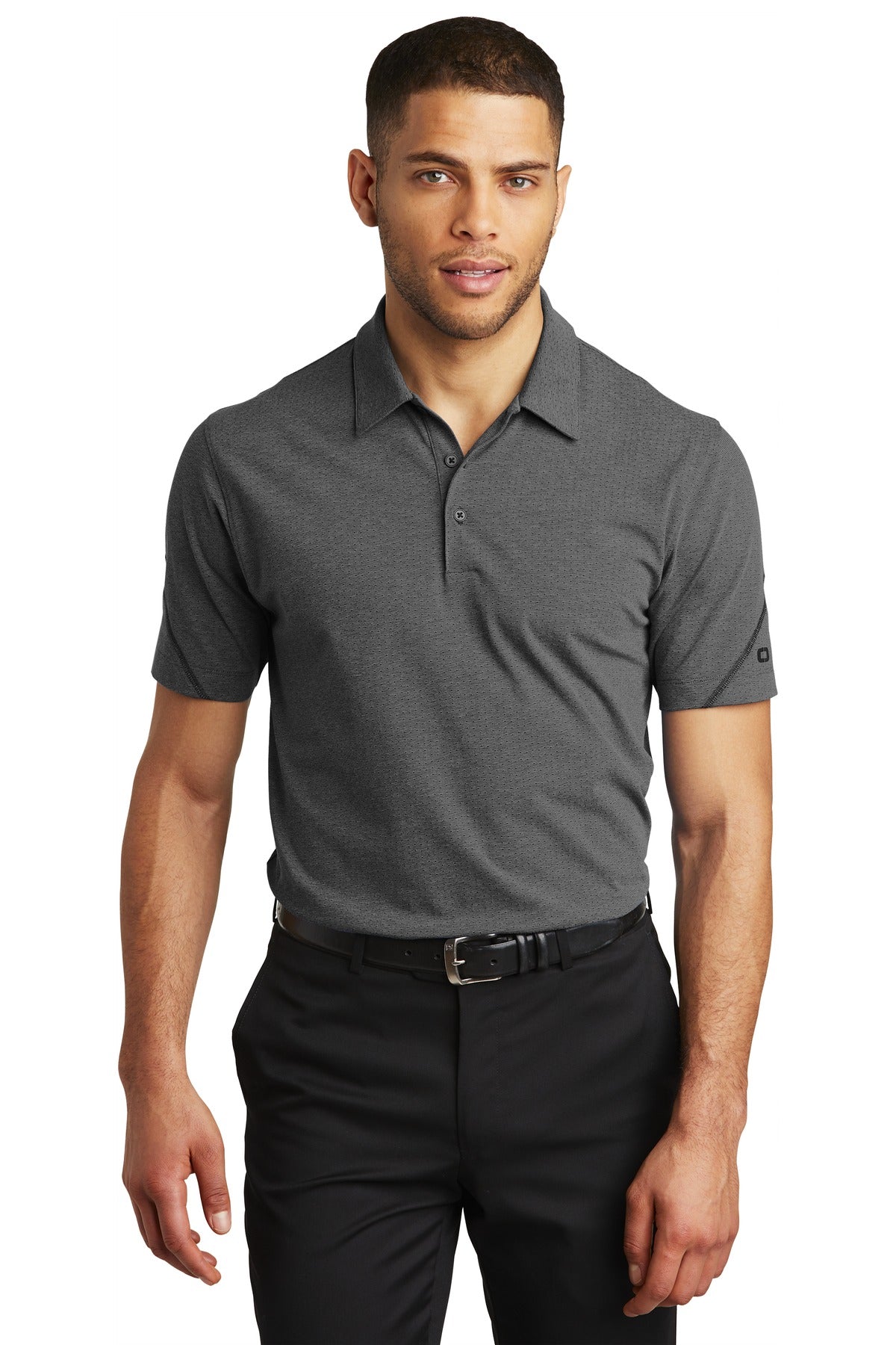 Front View of Blacktop Hthr OGIO Tread Polo. OG135 plain