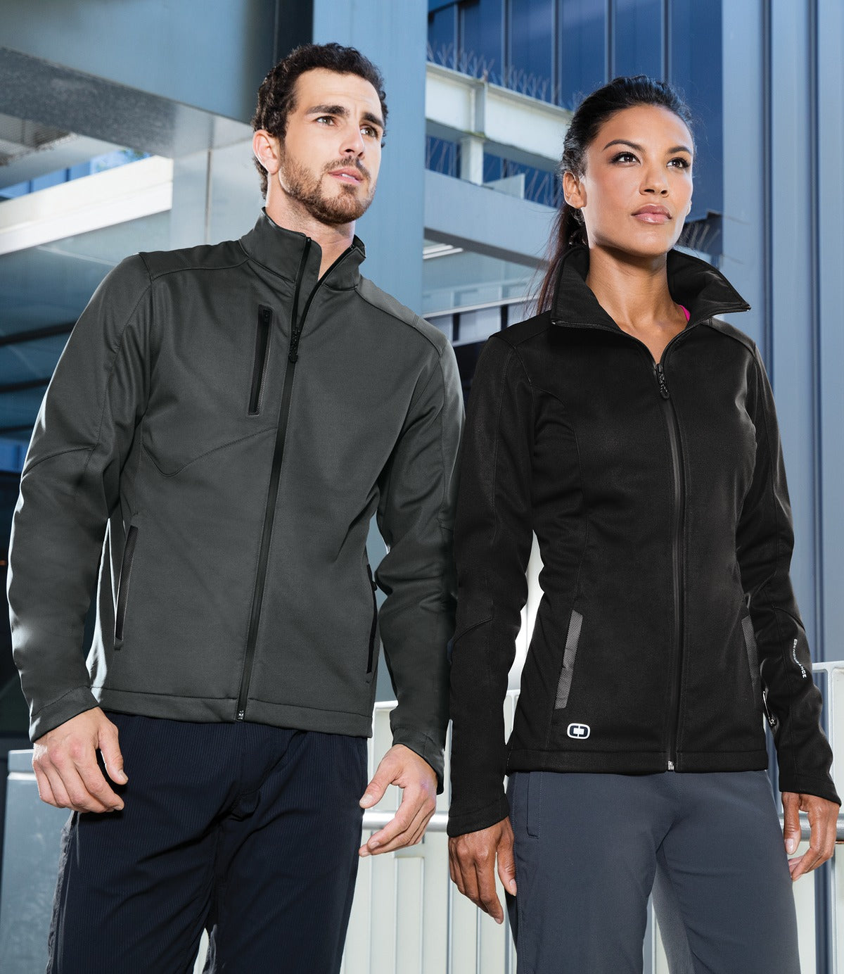 Front View of Blacktop OGIO Crux Soft Shell. OE720 plain grouped