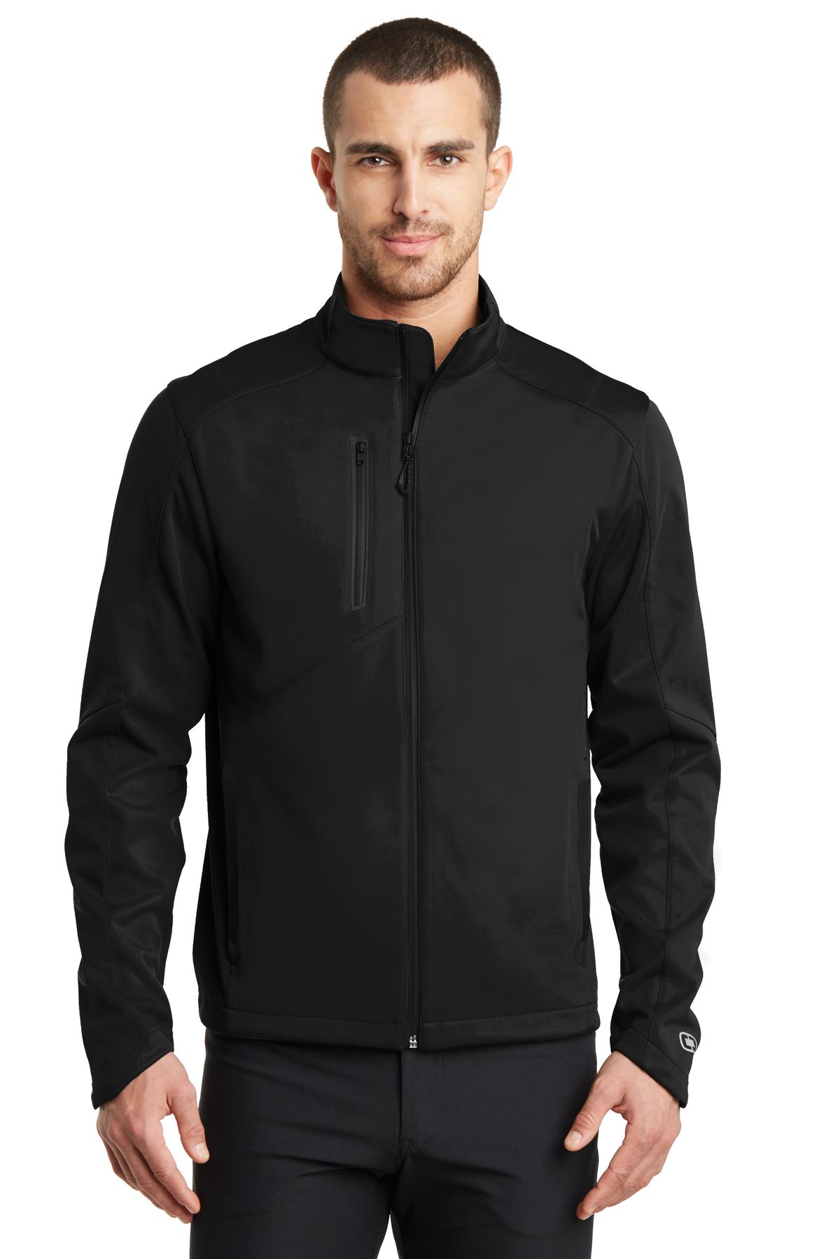 Front View of Blacktop OGIO Crux Soft Shell. OE720 plain