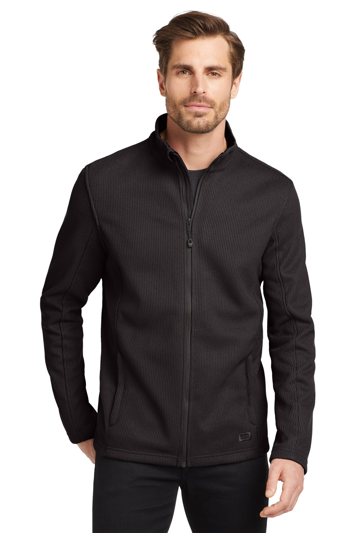 Front View of Blacktop OGIO Grit Fleece Jacket. OG727 plain