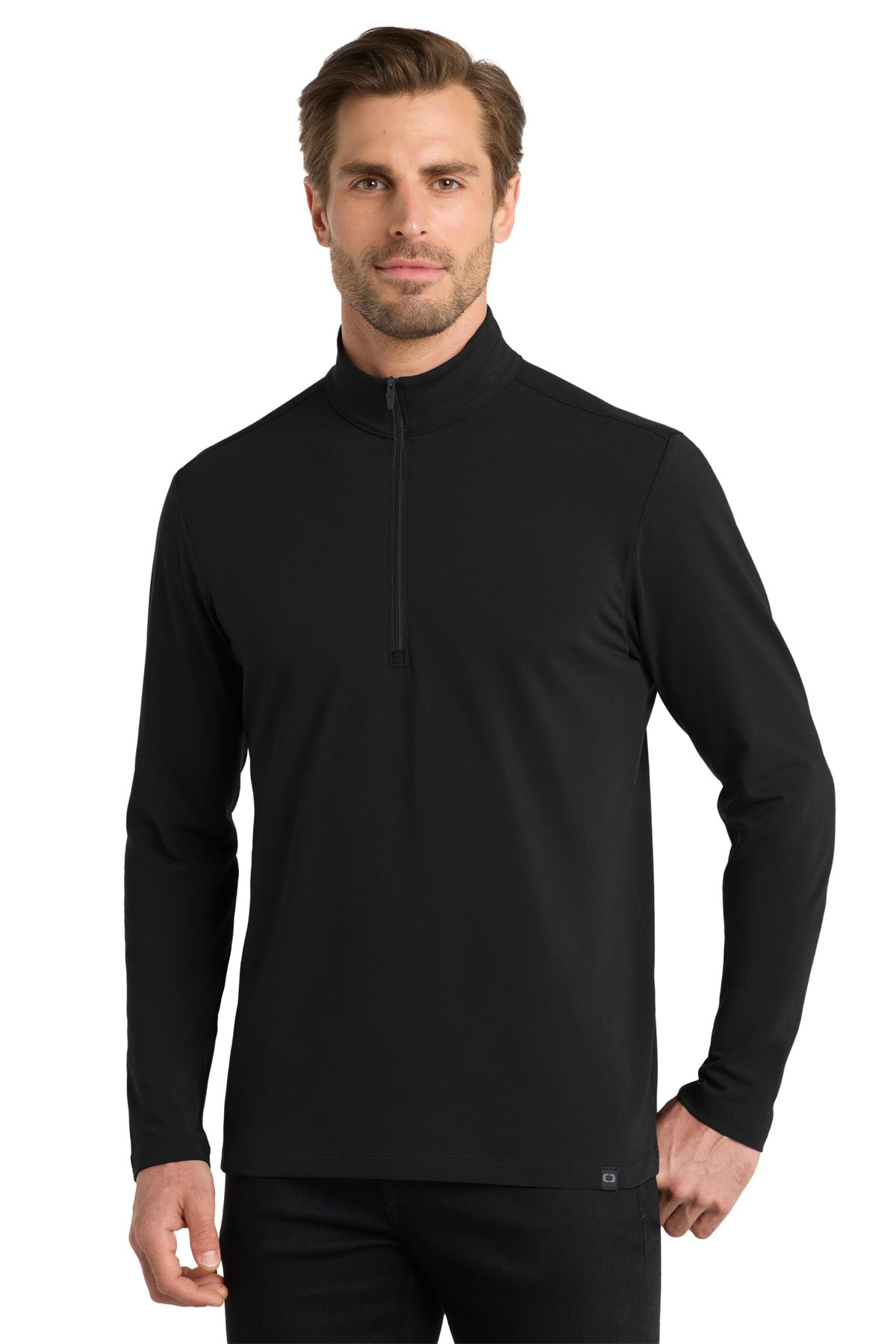 Front View of Blacktop OGIO Limit 1/4-Zip. OG139 plain