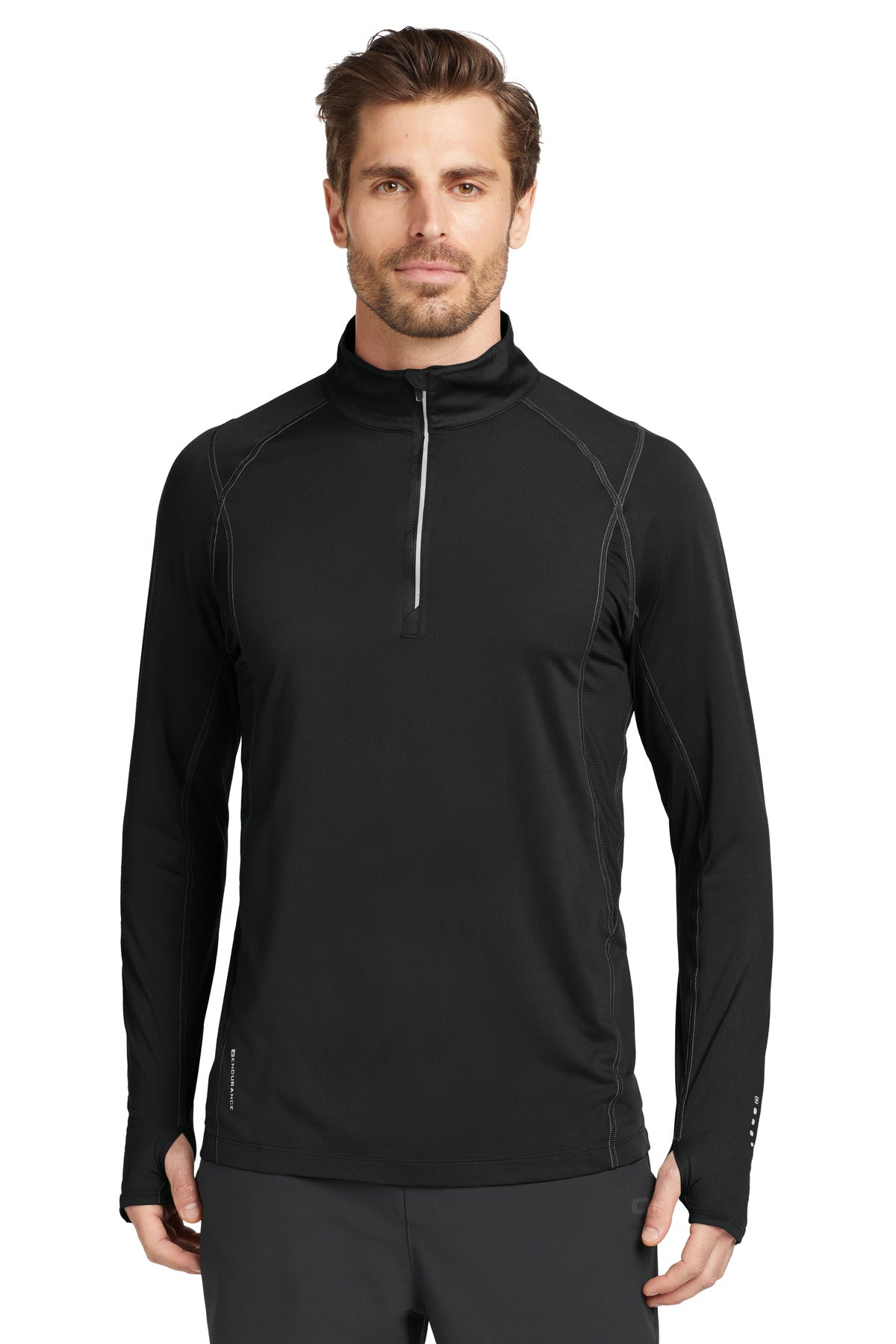 Front View of Blacktop OGIO Nexus 1/4-Zip Pullover. OE335 plain