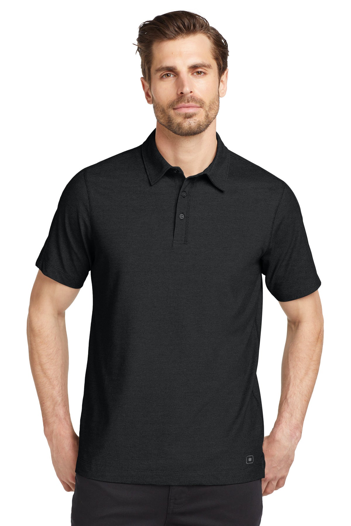 Front View of Blacktop OGIO Onyx Polo. OG126 plain