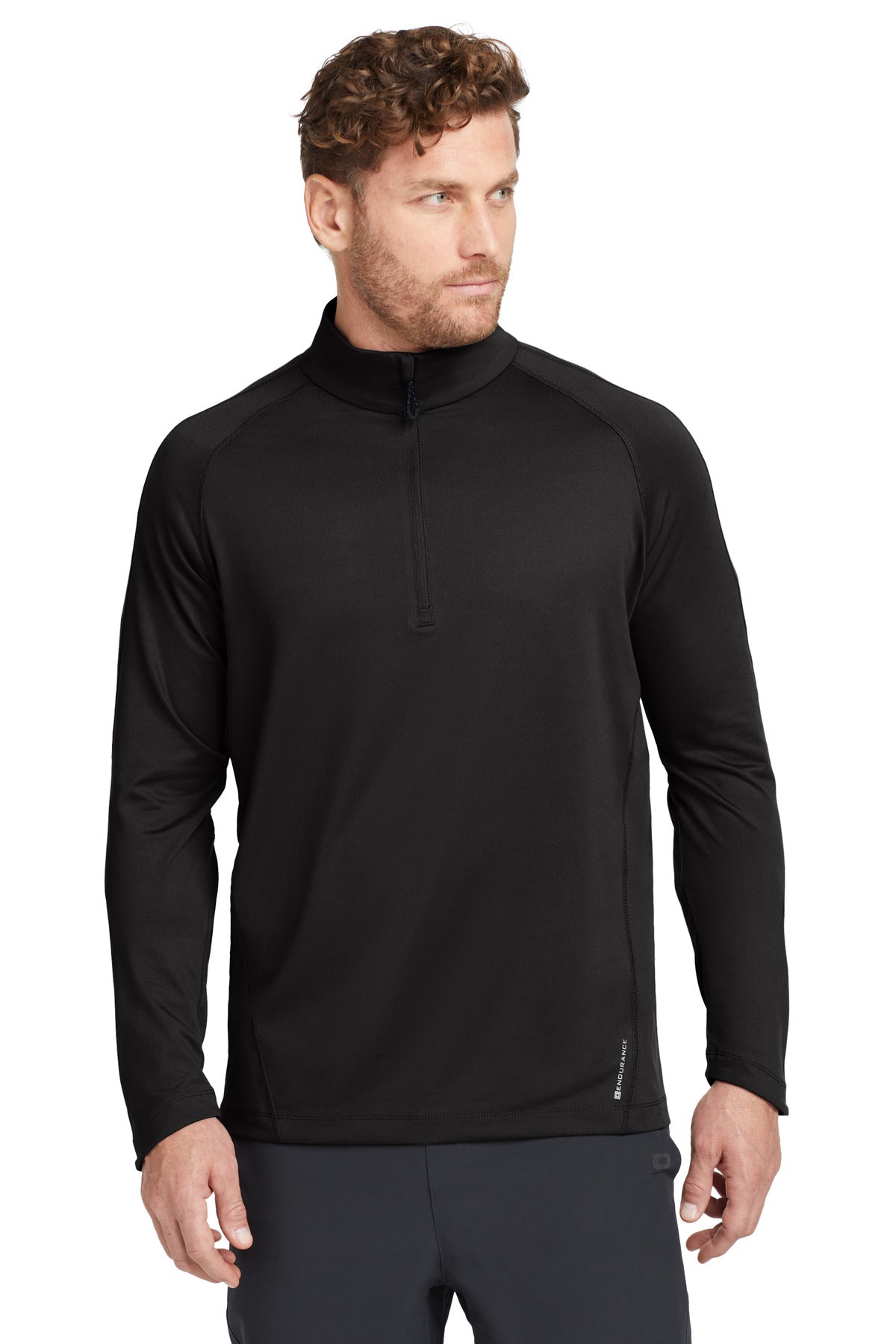 Front View of Blacktop OGIO Radius 1/4-Zip. OE550 plain
