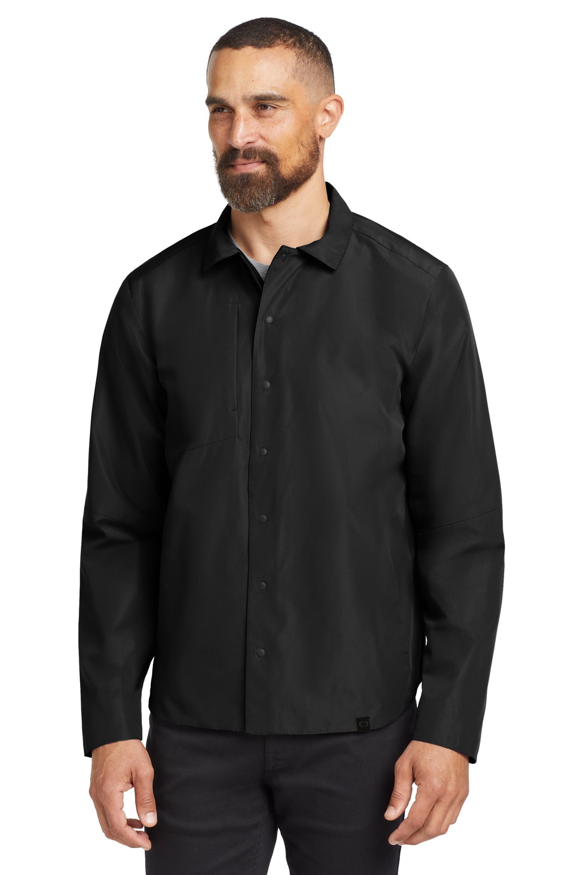 Front View of Blacktop OGIO Reverse Shirt Jacket. OG754 plain