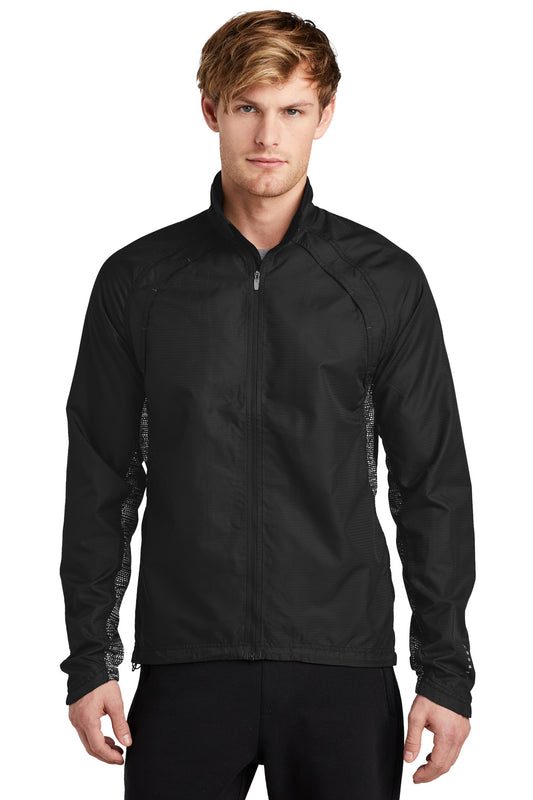 Front View of Blacktop OGIO Trainer Jacket. OE710 plain