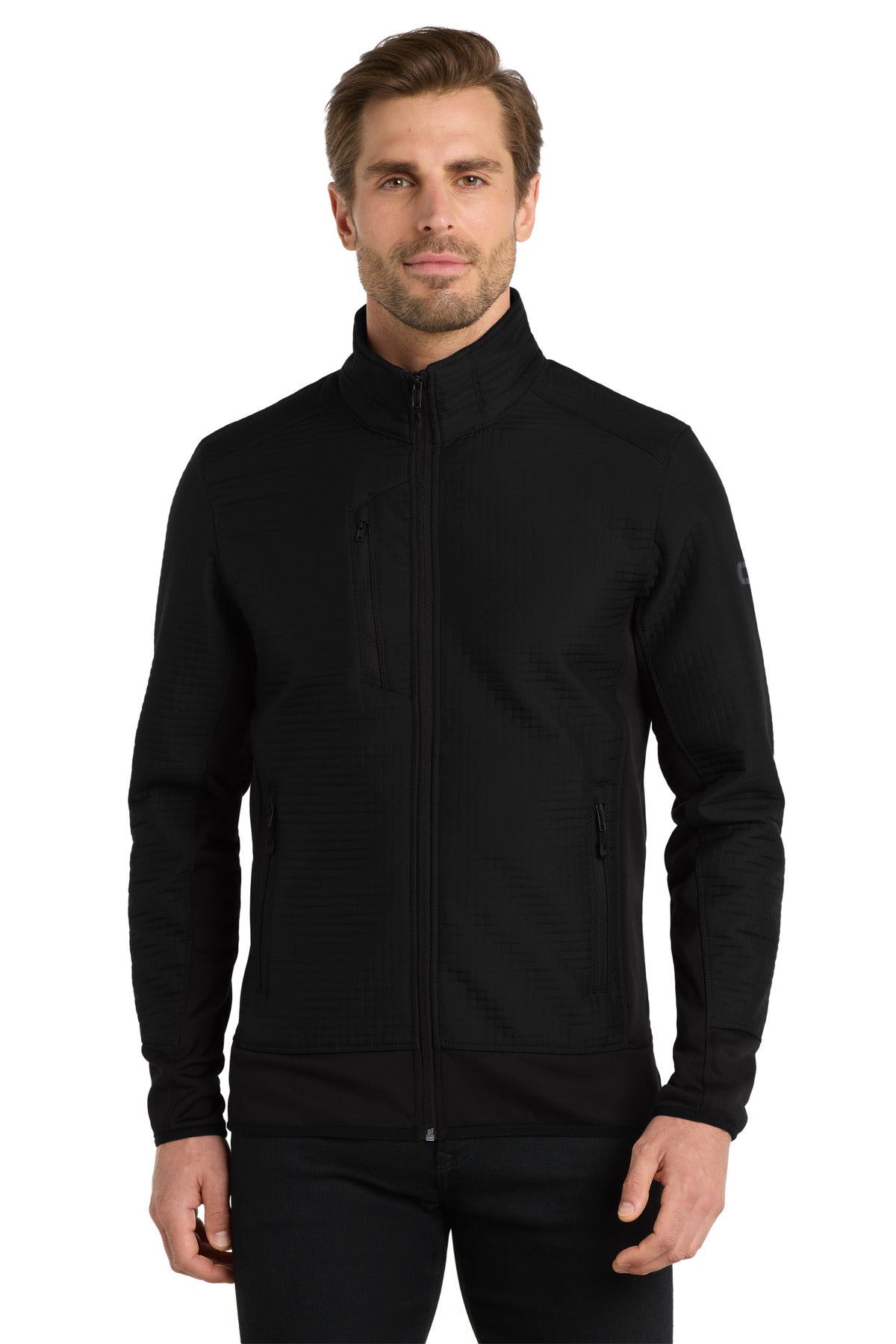 Front View of Blacktop OGIO Trax Jacket. OG726 plain