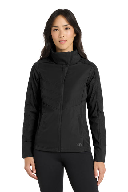 Front View of Blacktop OGIO Women's Brink Soft Shell. LOE722 plain