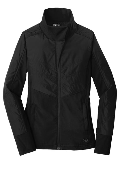 Front View of Blacktop OGIO Women's Brink Soft Shell. LOE722 plain