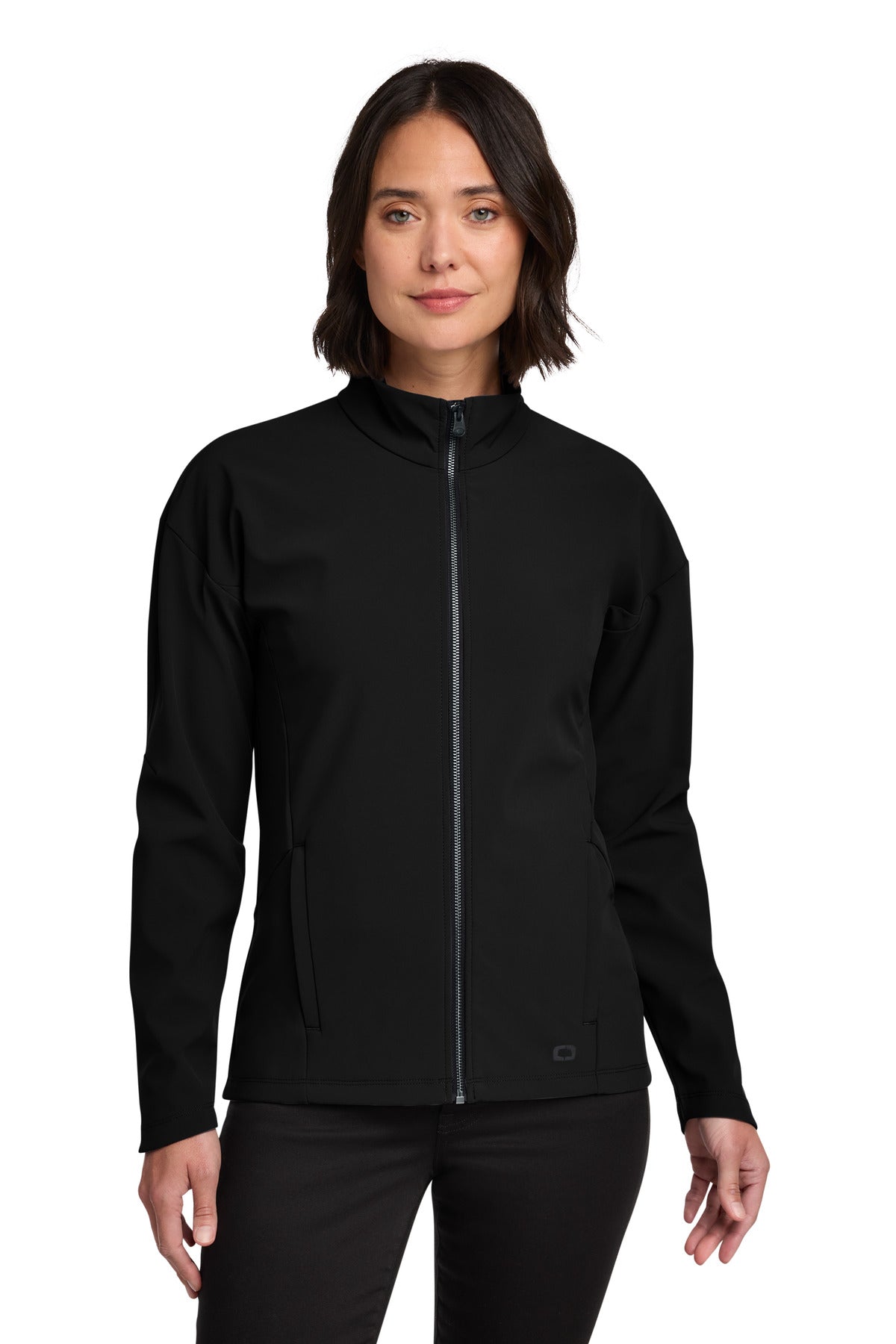 Front View of Blacktop OGIO Women's Commuter Full-Zip Soft Shell LOG755 plain