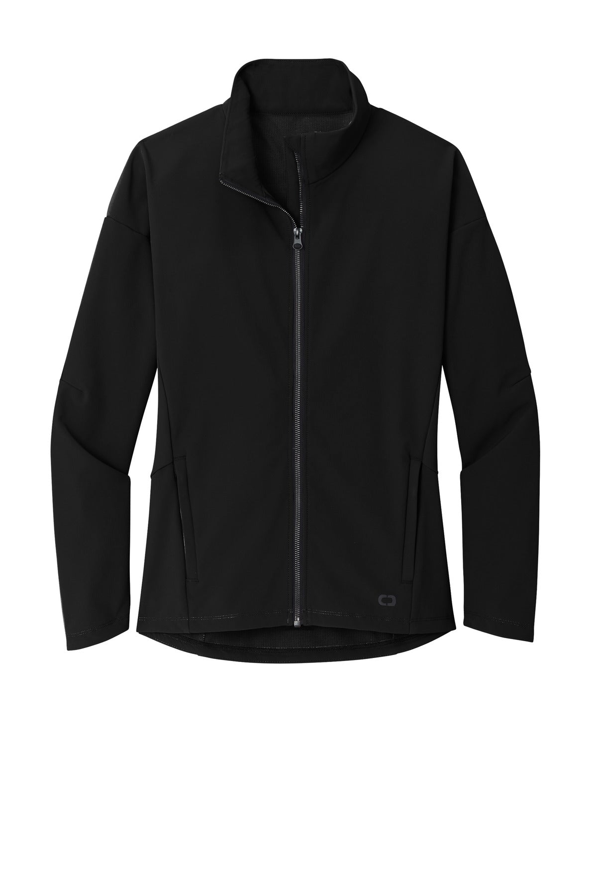 Front View of Blacktop OGIO Women's Commuter Full-Zip Soft Shell LOG755 plain