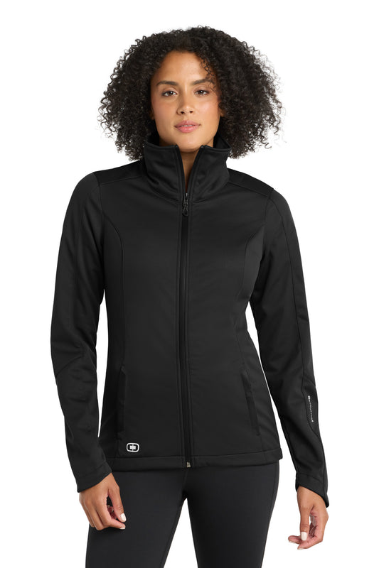 Front View of Blacktop OGIO Women's Crux Soft Shell. LOE720 plain