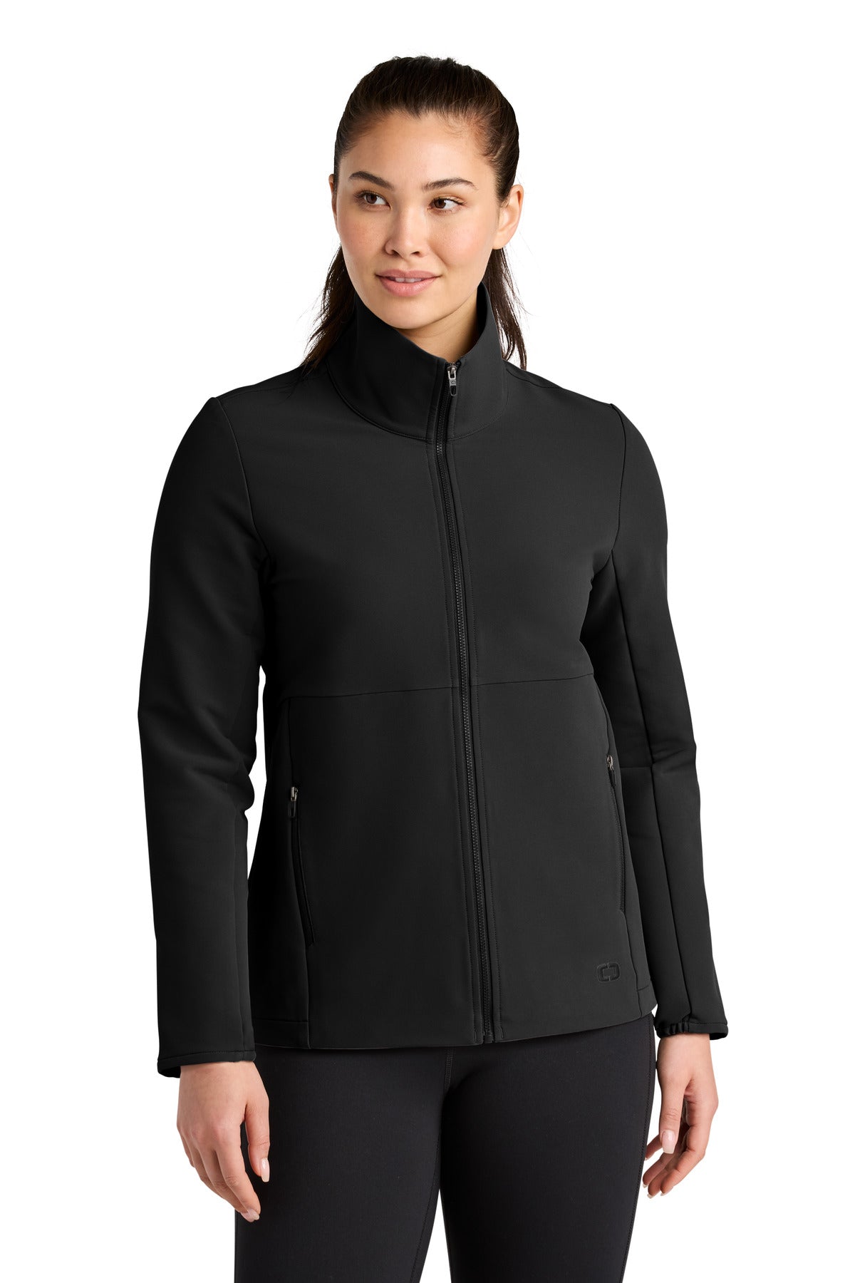 Front View of Blacktop OGIO Women's Kinetic Soft Shell LOG740 plain