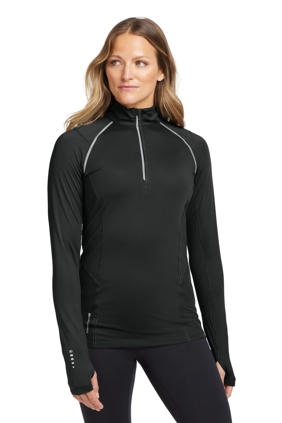 Front View of Blacktop OGIO Women's Nexus 1/4-Zip Pullover. LOE335 plain