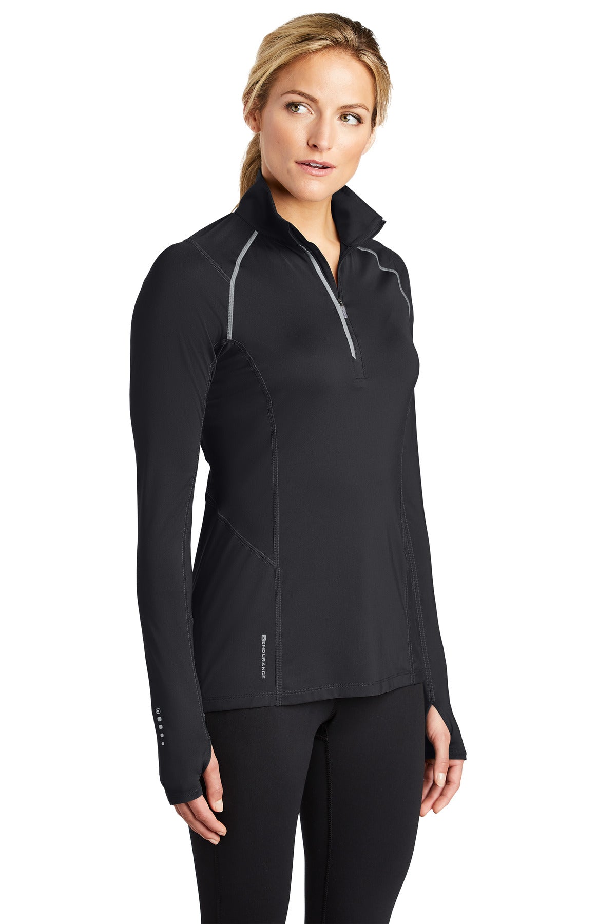 Front View of Blacktop OGIO Women's Nexus 1/4-Zip Pullover. LOE335 plain