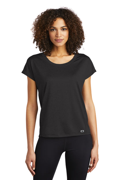 Front View of Blacktop OGIO Women's Pulse Dolman Tee LOE324 plain