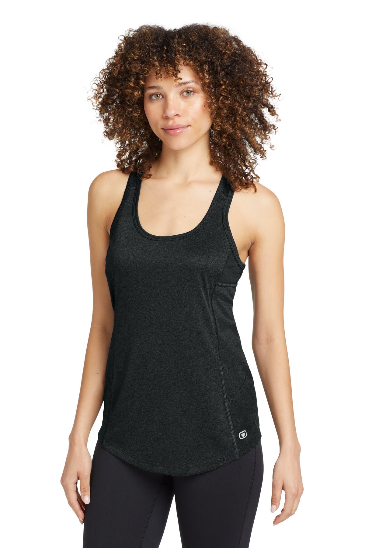 Front View of Blacktop OGIO Women's Racerback Pulse Tank. LOE322 plain
