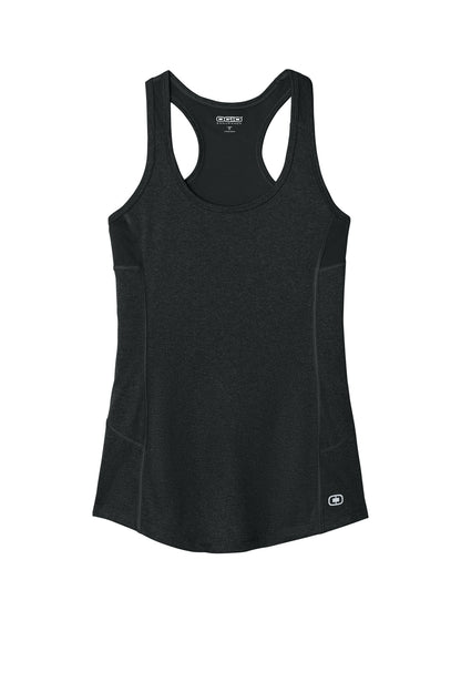 Front View of Blacktop OGIO Women's Racerback Pulse Tank. LOE322 plain