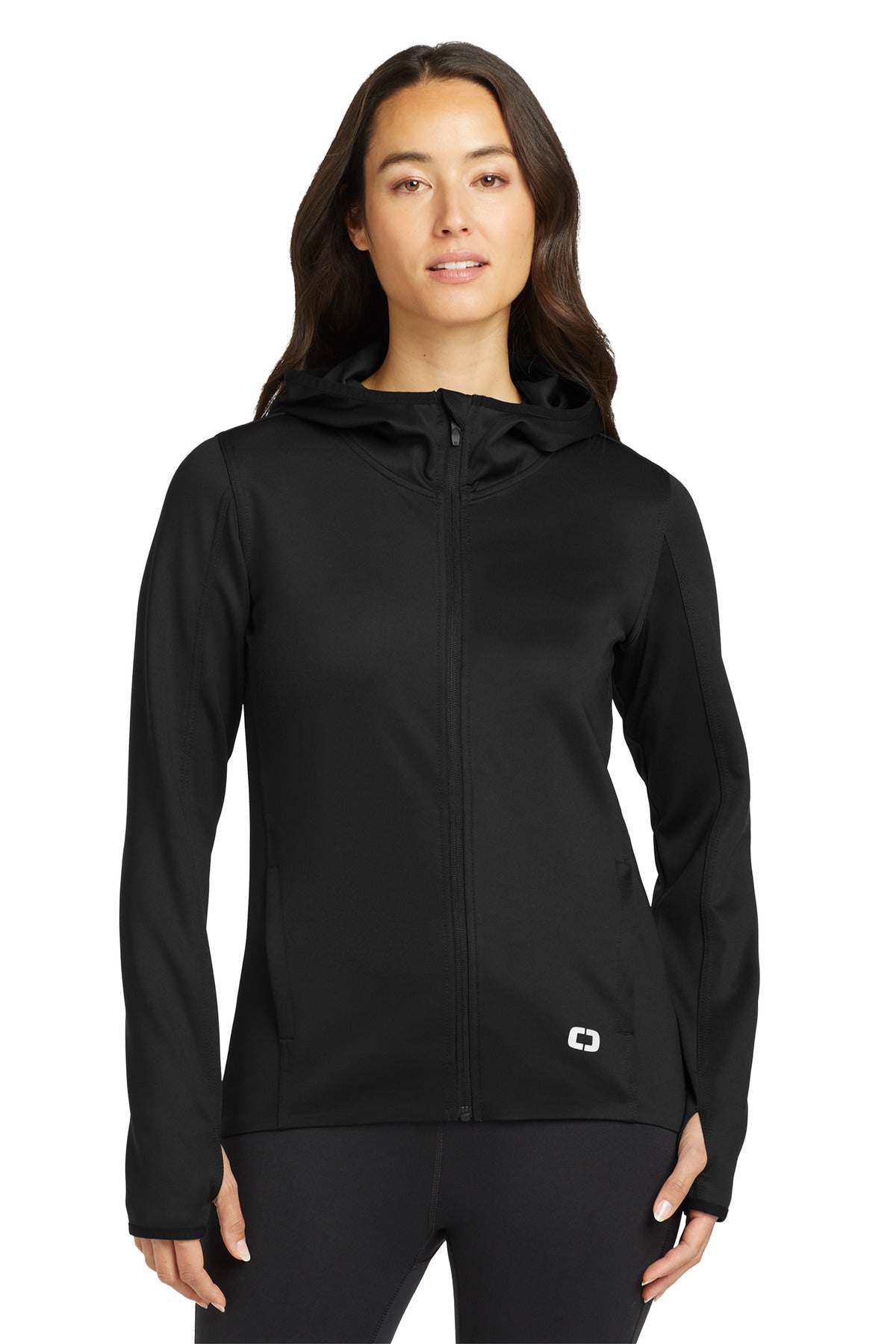 Front View of Blacktop OGIO Women's Stealth Full-Zip Jacket. LOE728 plain