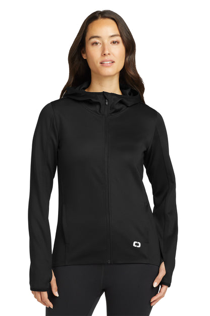 Front View of Blacktop OGIO Women's Stealth Full-Zip Jacket. LOE728 plain