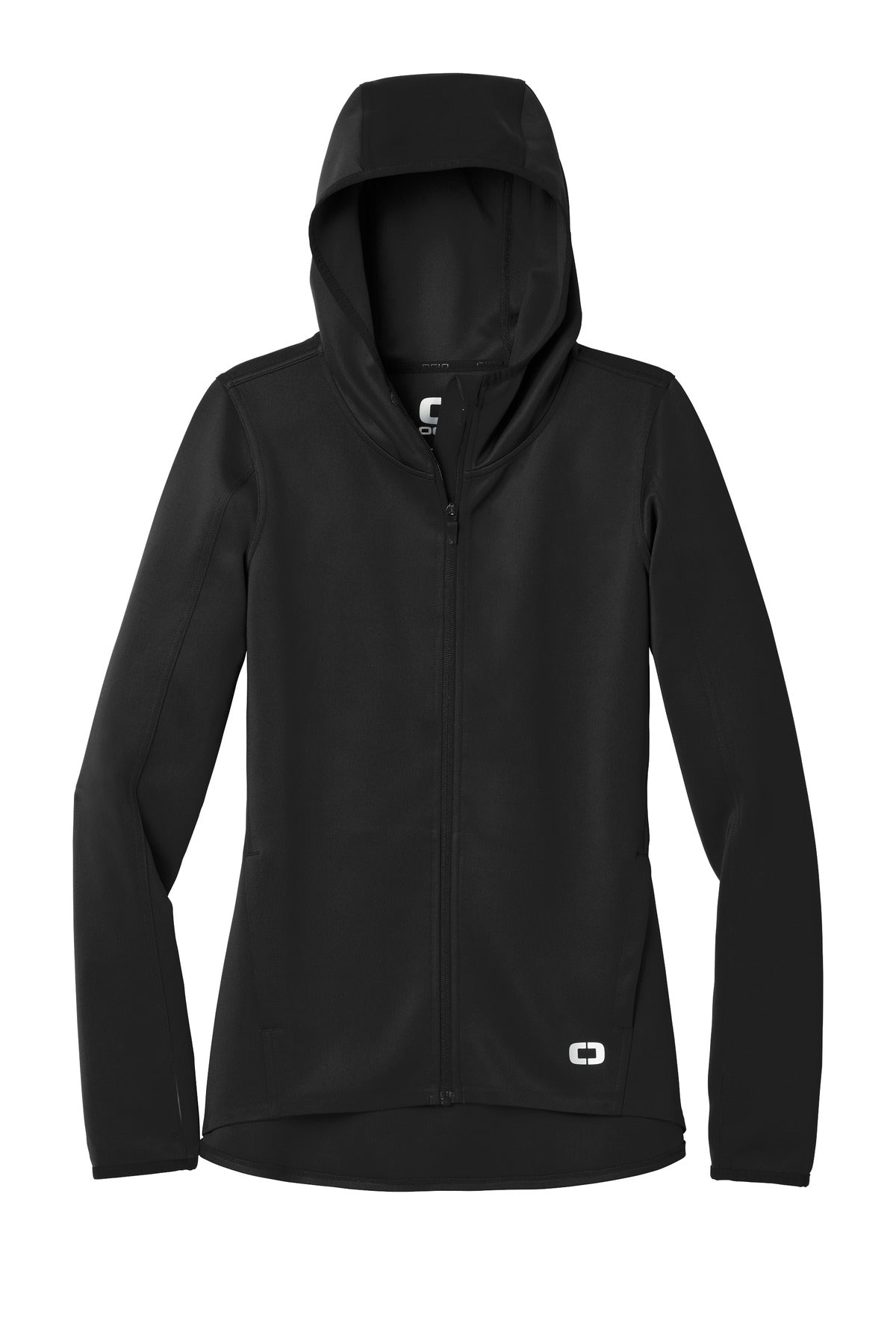 Front View of Blacktop OGIO Women's Stealth Full-Zip Jacket. LOE728 plain