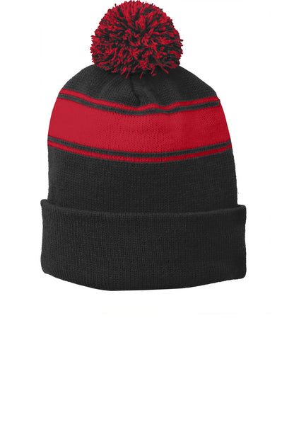 Front View of Black/Tr Red Sport-Tek Stripe Pom Pom Beanie. STC28 plain