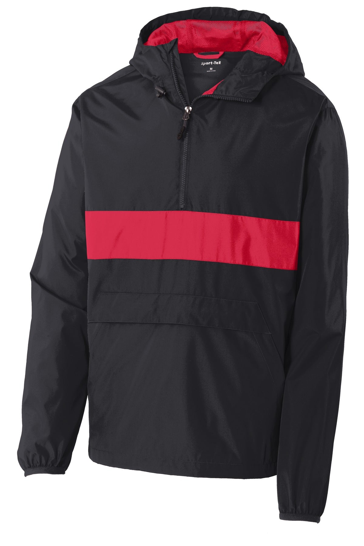 Front View of Black/True Red Sport-Tek Zipped Pocket Anorak. JST65 plain