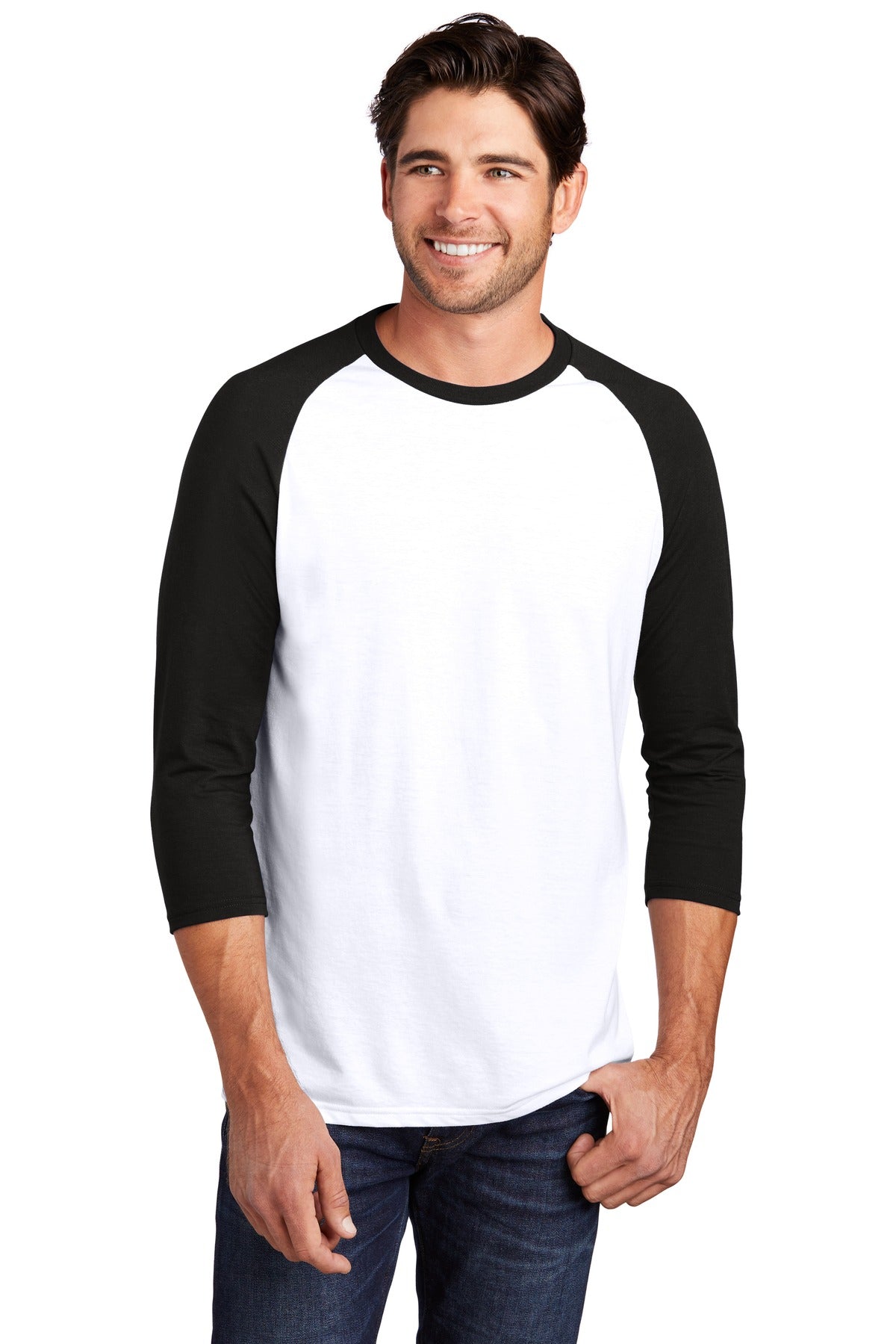 Front View of Black/White District Perfect Tri 3/4-Sleeve Raglan. DM136 plain
