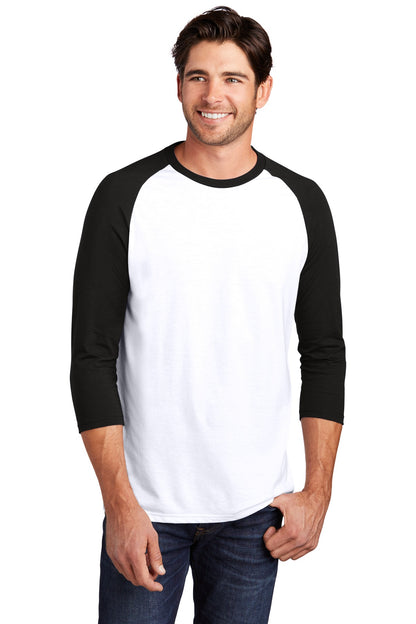 Front View of Black/White District Perfect Tri 3/4-Sleeve Raglan. DM136 plain