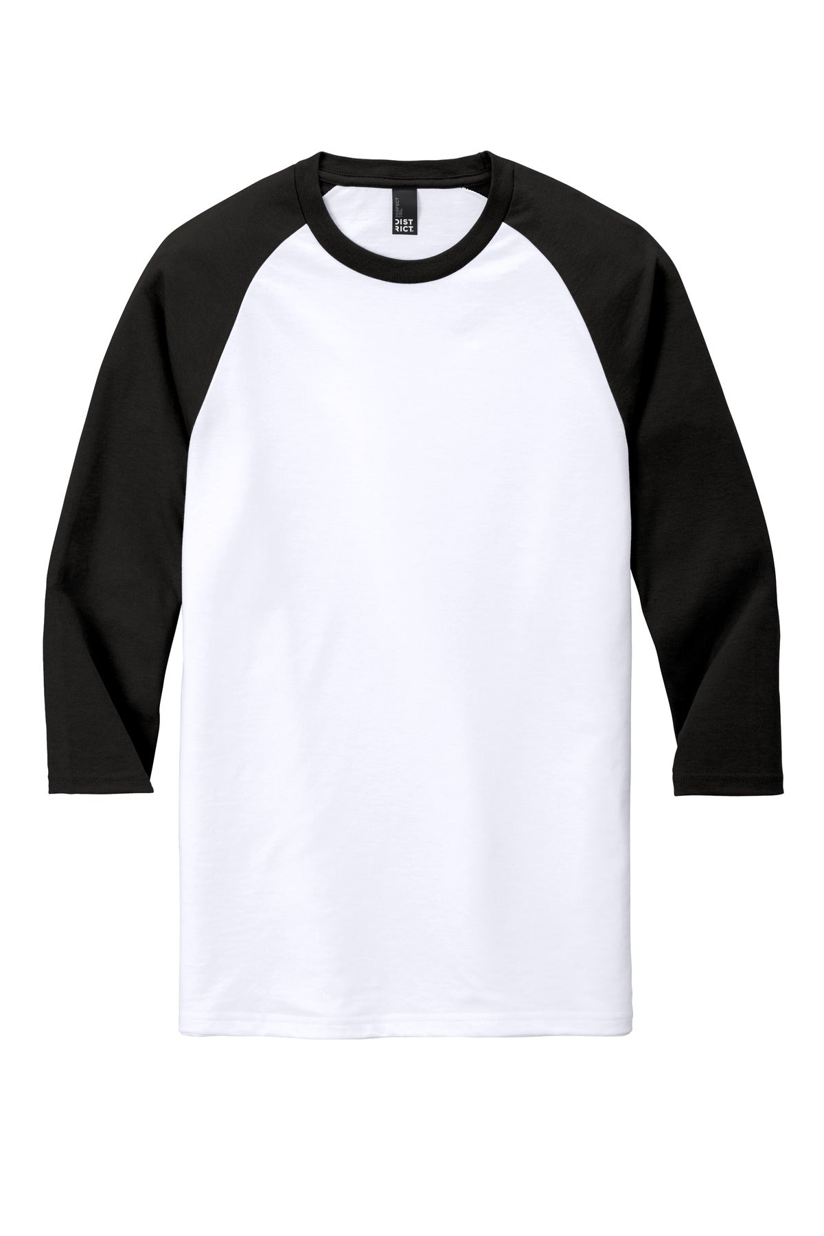 Front View of Black/White District Perfect Tri 3/4-Sleeve Raglan. DM136 plain