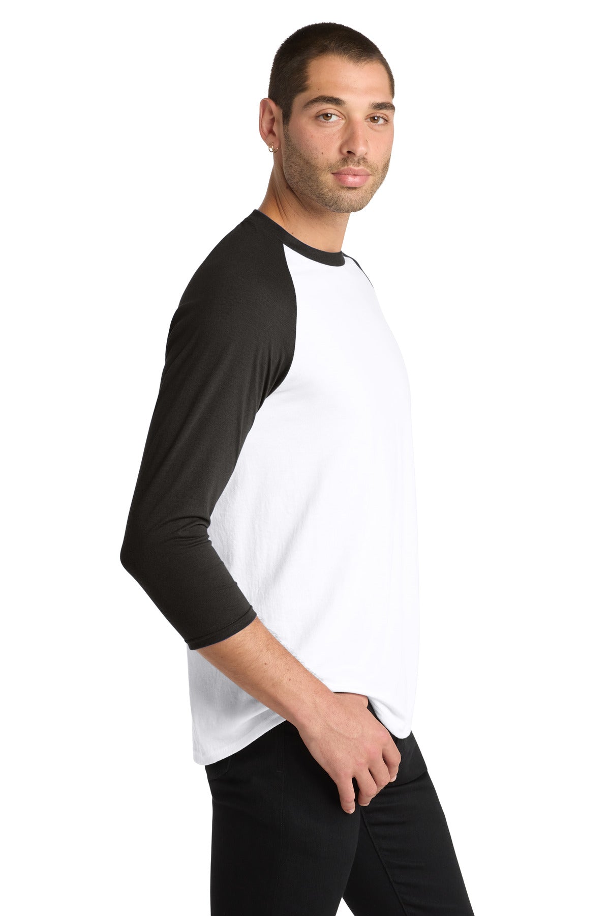 Front View of Black/White District Perfect Tri 3/4-Sleeve Raglan. DM136 plain