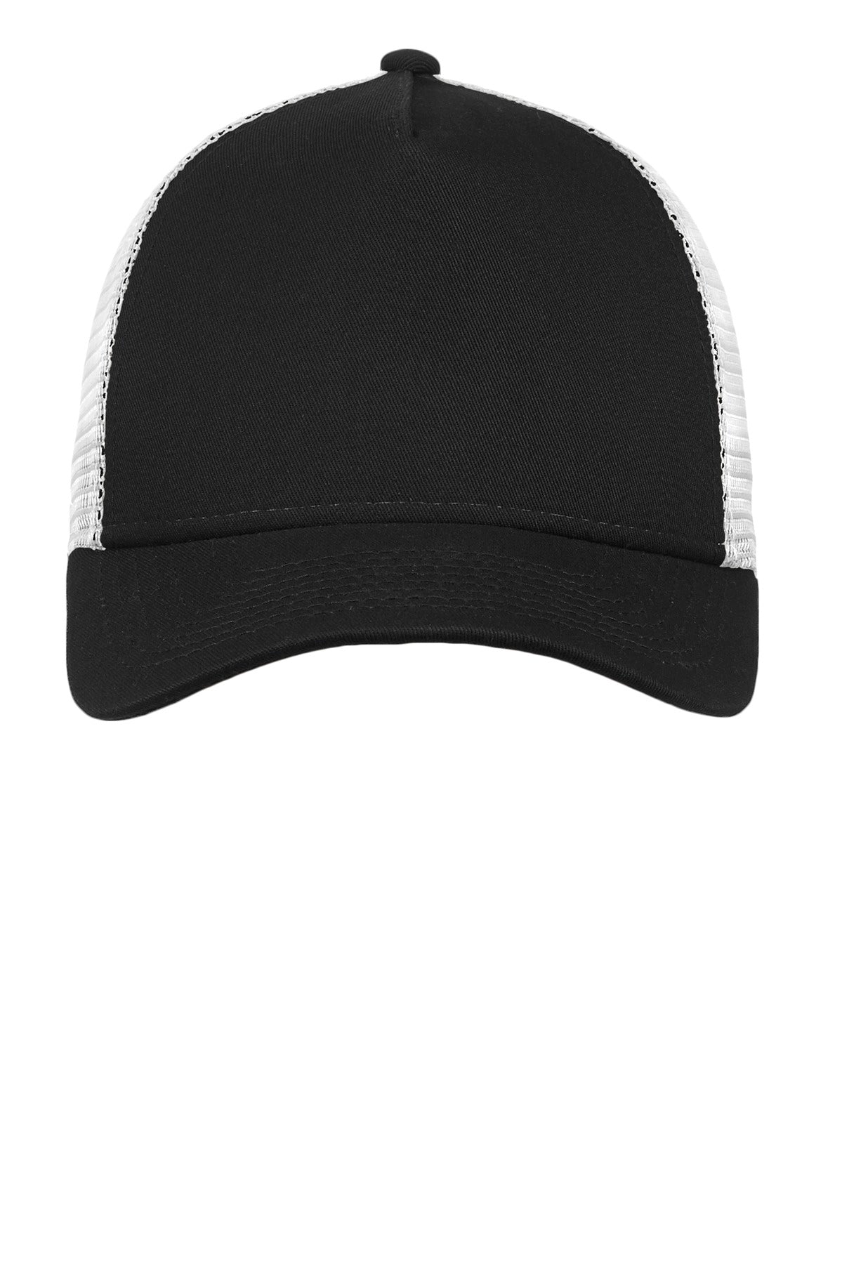 Front View of Black/White New Era Snapback Trucker Cap. NE205 plain