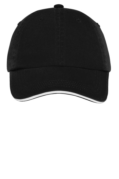 Front View of Black/White Port Authority Sandwich Bill Cap with Striped Closure. C830 plain