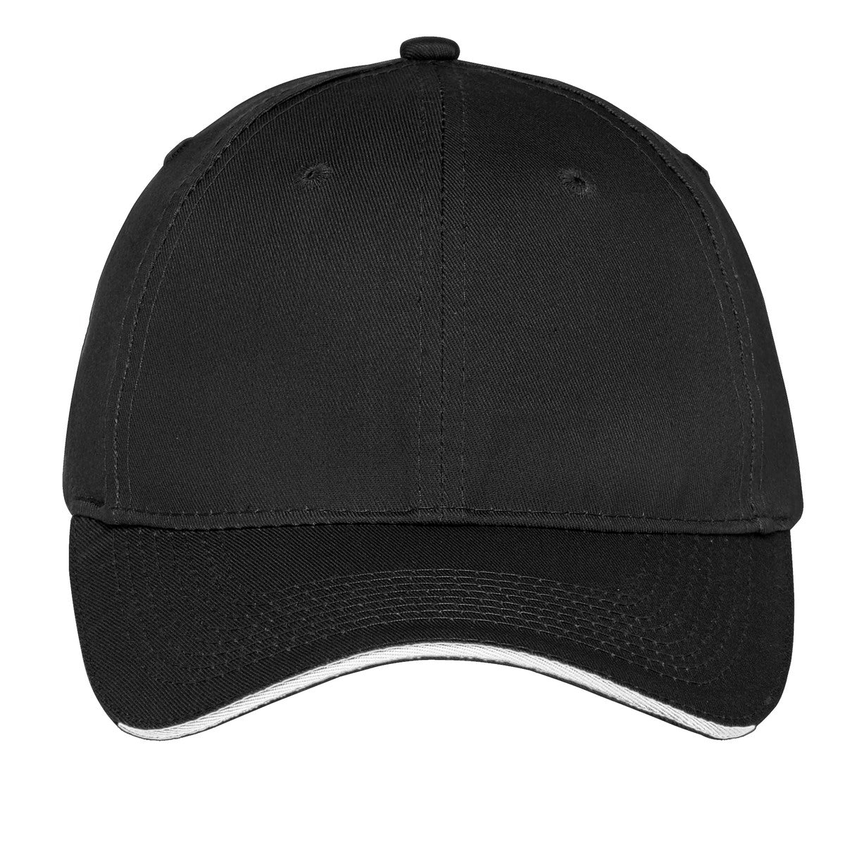 Front View of Black/White Port Authority Unstructured Sandwich Bill Cap. C919 plain