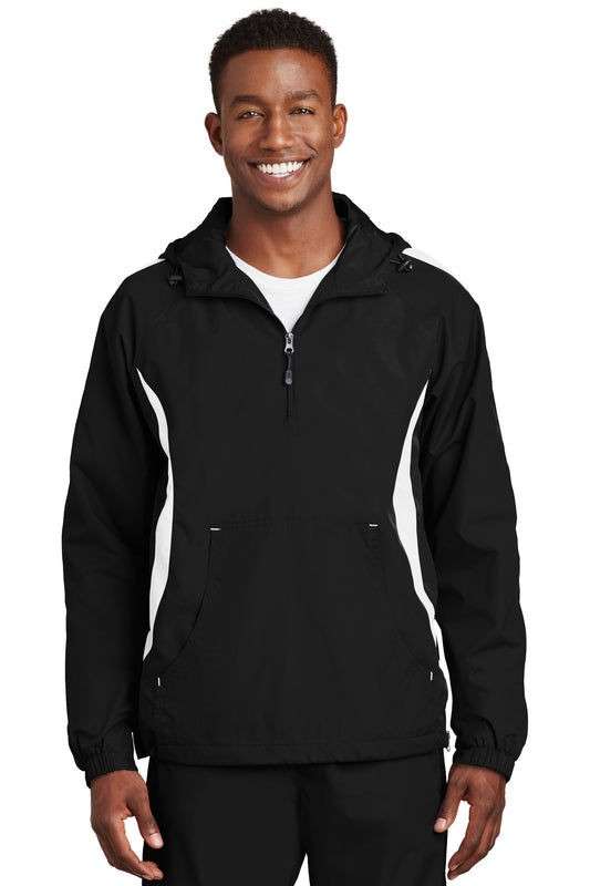 Front View of Black/White Sport-Tek Colorblock Raglan Anorak. JST63 plain