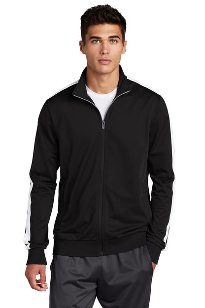 Front View of Black/White Sport-Tek Tricot Sleeve Stripe Track Jacket. JST94 plain