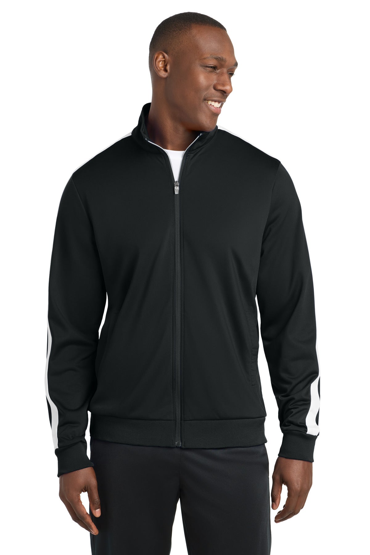 Front View of Black/White Sport-Tek Tricot Sleeve Stripe Track Jacket. JST94 plain