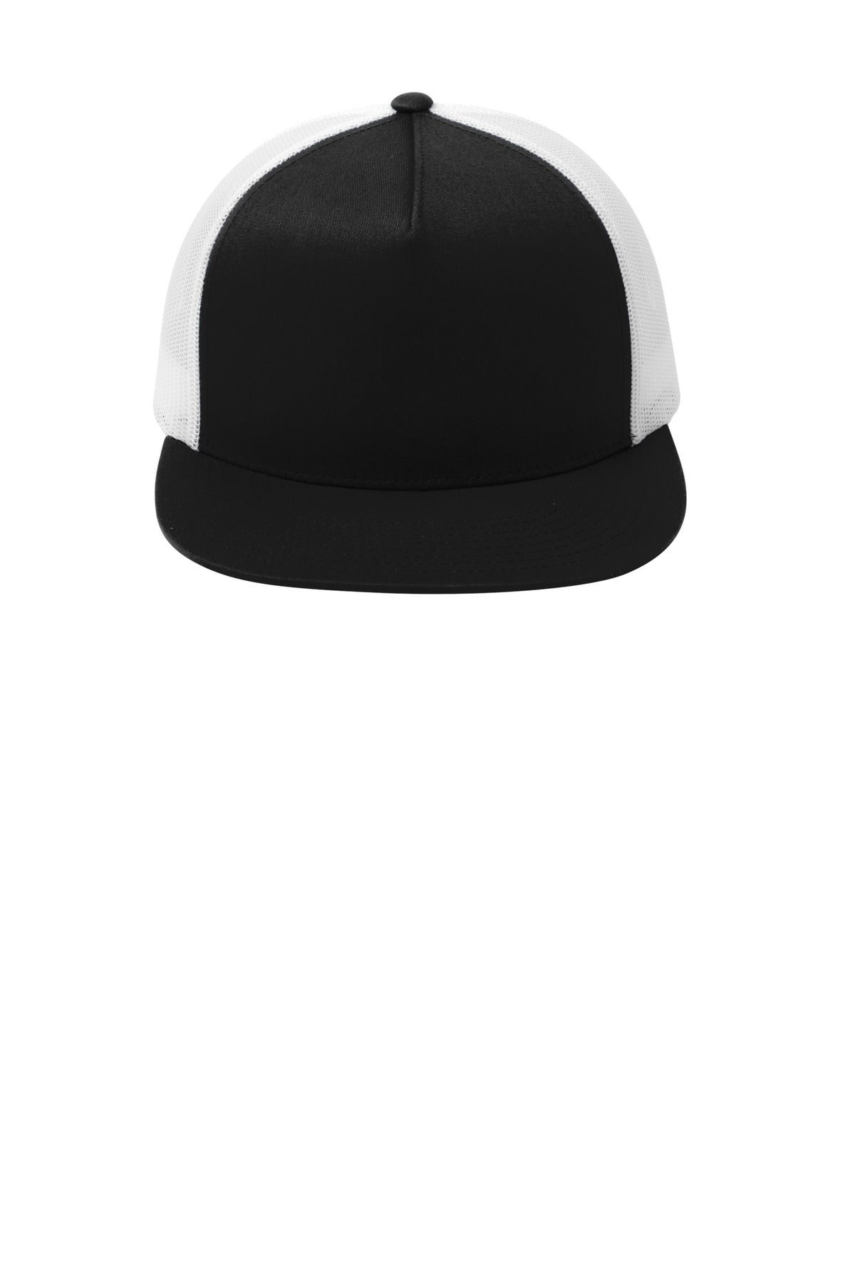 Front View of Black/White Sport-Tek YP Classics 5-Panel Classic Trucker Mesh Back Cap. STC38 plain