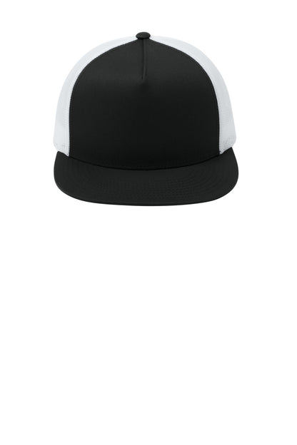 Front View of Black/White Sport-Tek YP Classics 5-Panel Classic Trucker Mesh Back Cap. STC38