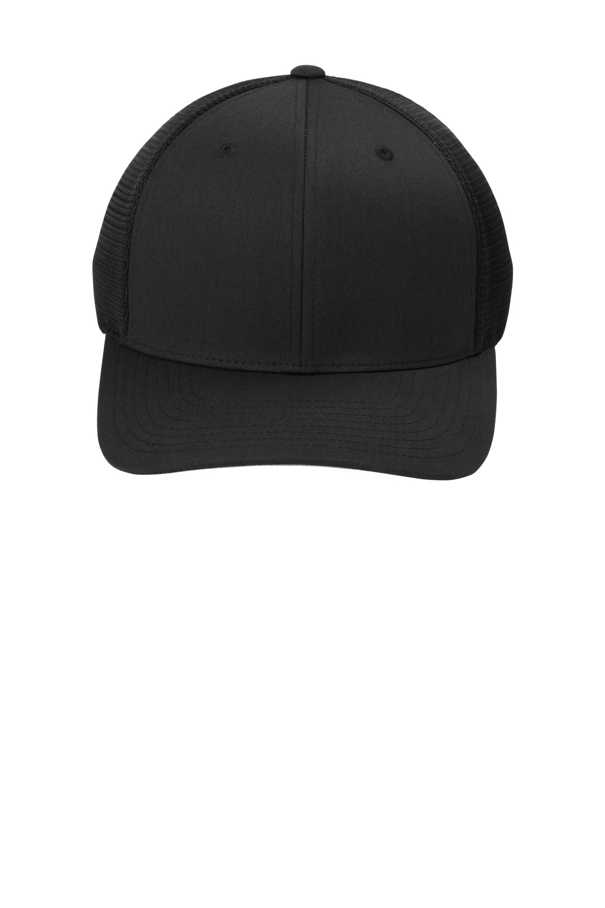 Front View of Blk/Blk Port Authority Flexfit 110 Mesh Cap C110 plain