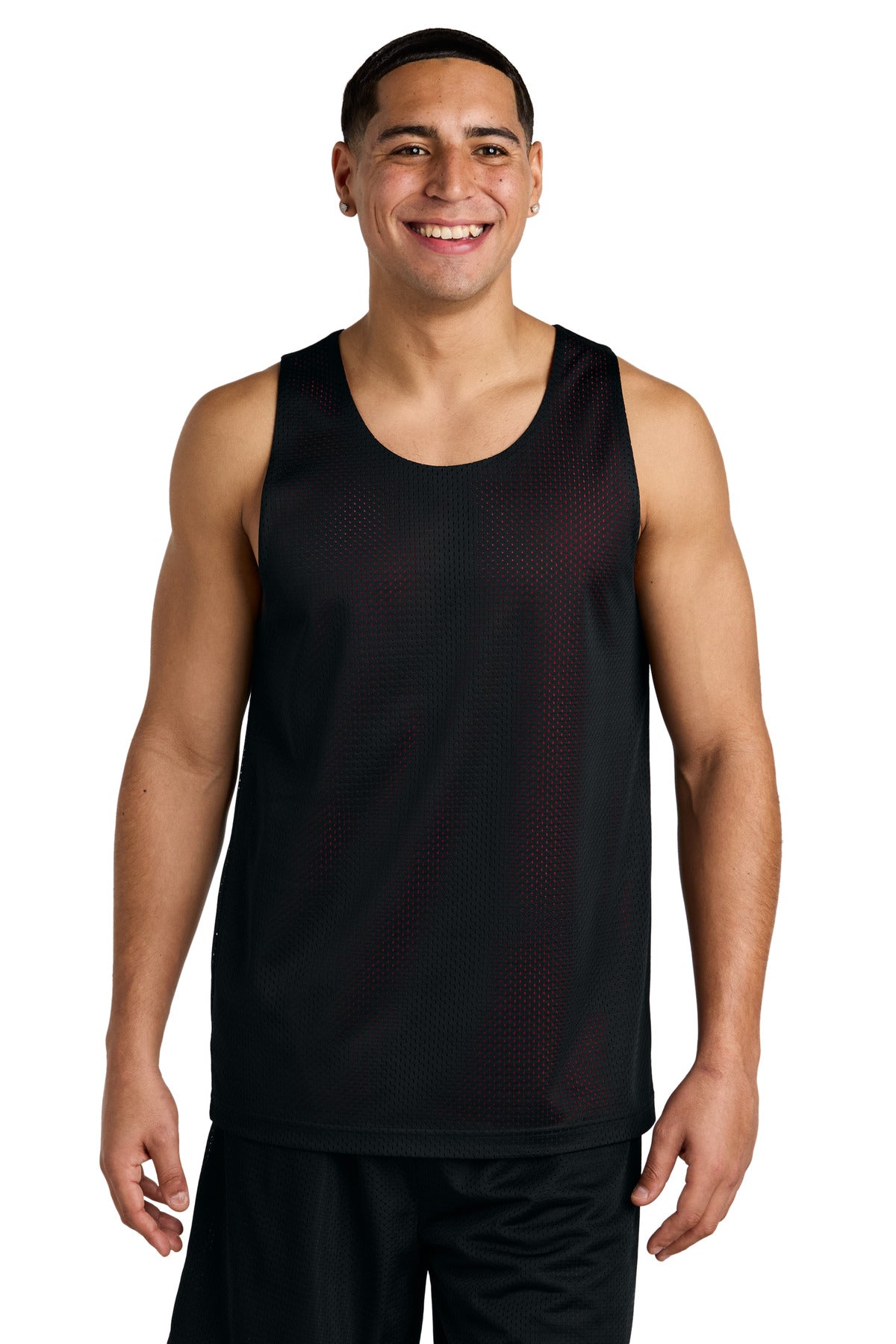 Front View of Blk/DpRed Sport-Tek PosiCharge Reversible Mesh Tank ST5000 plain