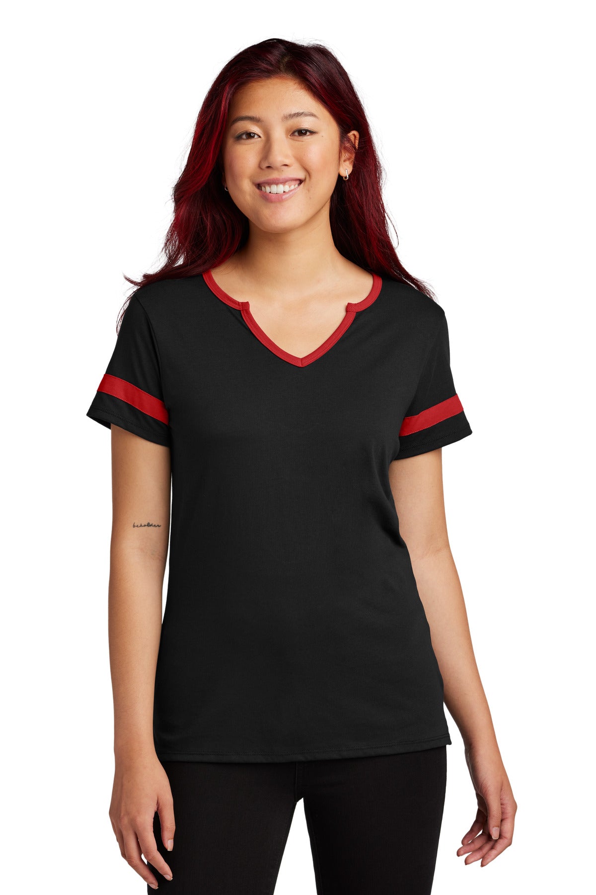 Front View of Blk/DpRed Sport-Tek Women's Halftime Notch Neck Tee LST6041 plain