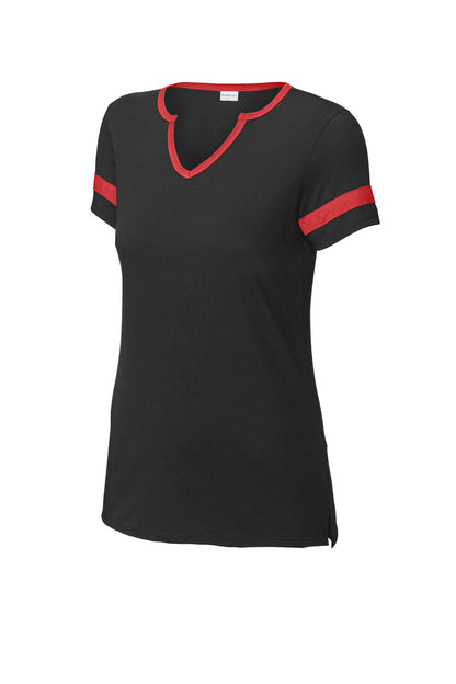Front View of Blk/DpRed Sport-Tek Women's Halftime Notch Neck Tee LST6041 plain