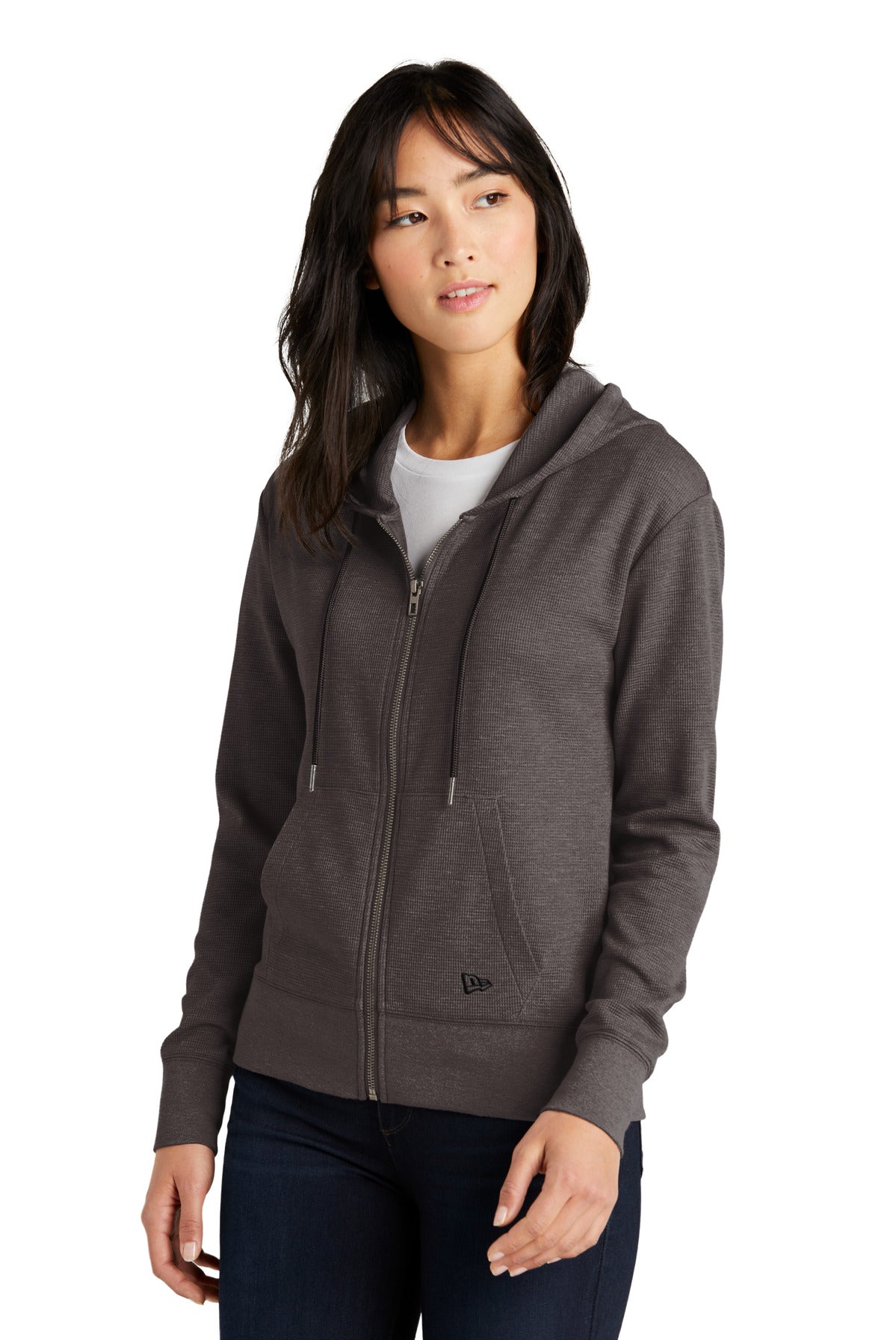Front View of BlkHthr New Era Women's Thermal Full-Zip Hoodie LNEA141 plain