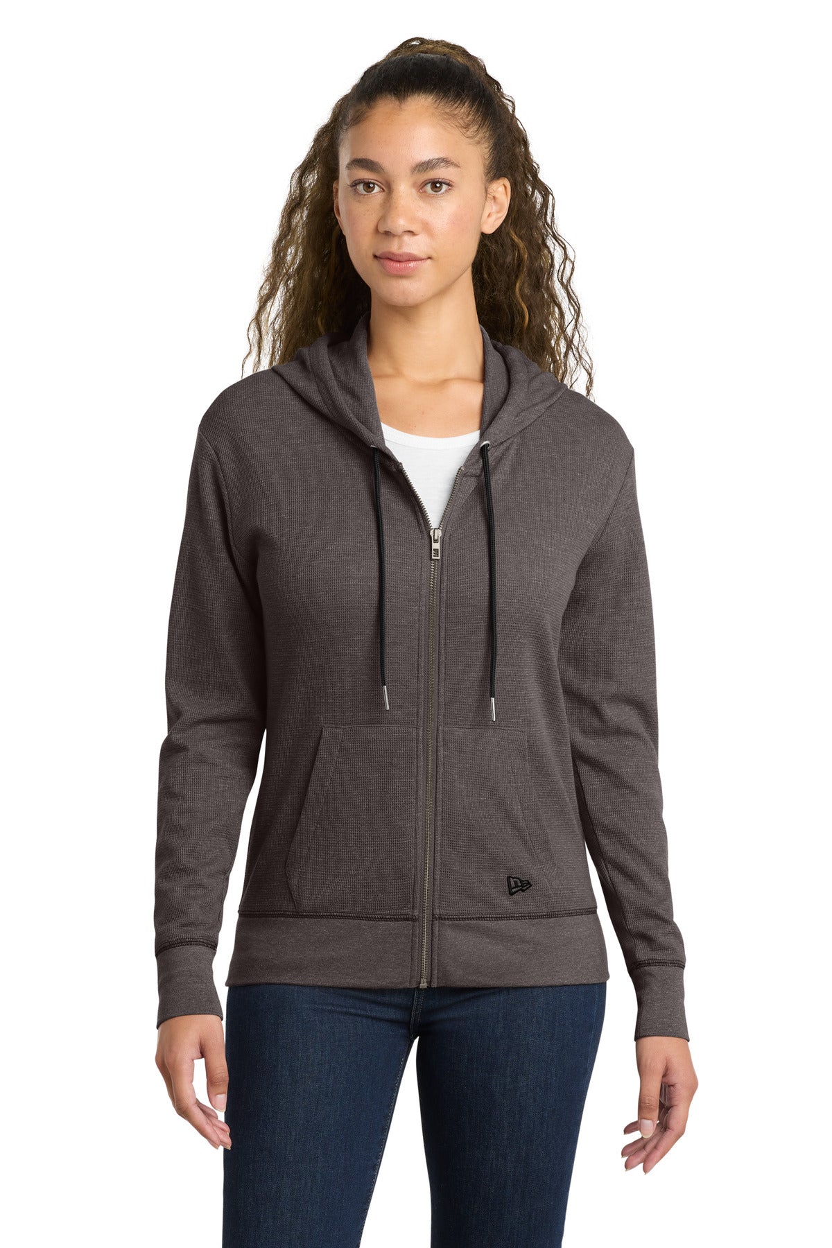 Front View of BlkHthr New Era Women's Thermal Full-Zip Hoodie LNEA141 plain