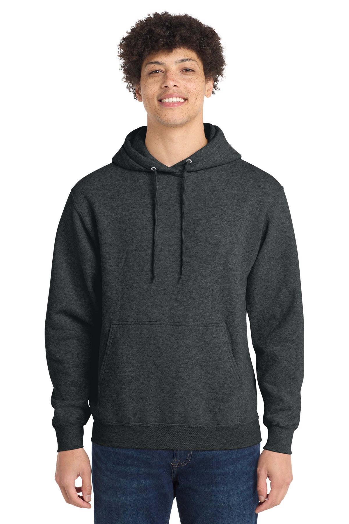 Front View of BlkHthr Port & Co Core Fleece Pullover Hooded Sweatshirt. PC78H plain