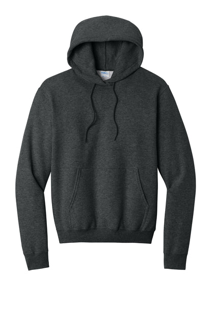 Front View of BlkHthr Port & Co Core Fleece Pullover Hooded Sweatshirt. PC78H plain